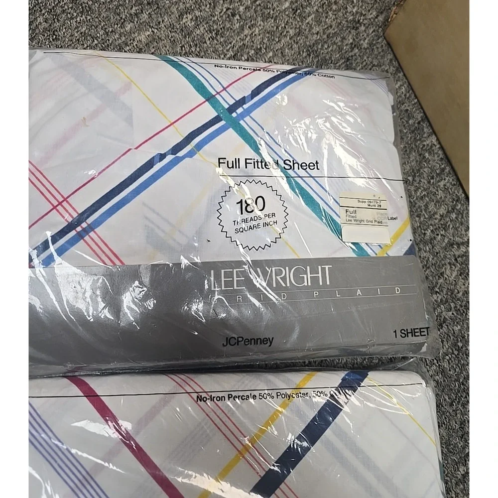 NEW Lot of 4 JC Penney‎ Lee Wright Grid Plaid Flat Fitted Sheet & Pillowcase Set